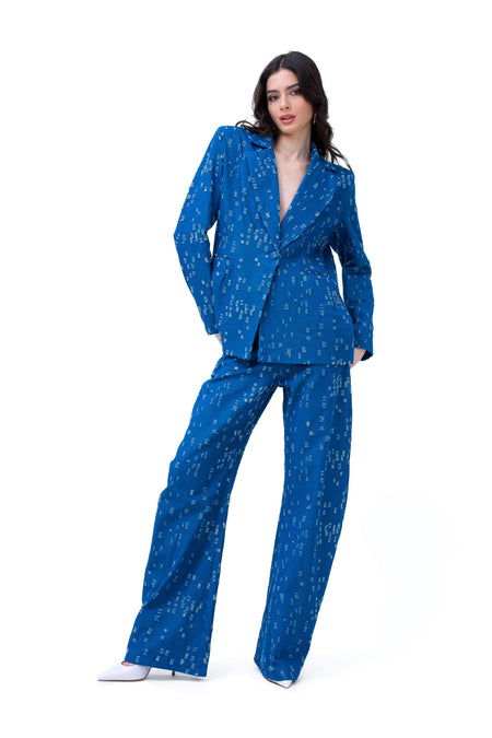 Costum din denim cu sacou oversized si pantaloni balon