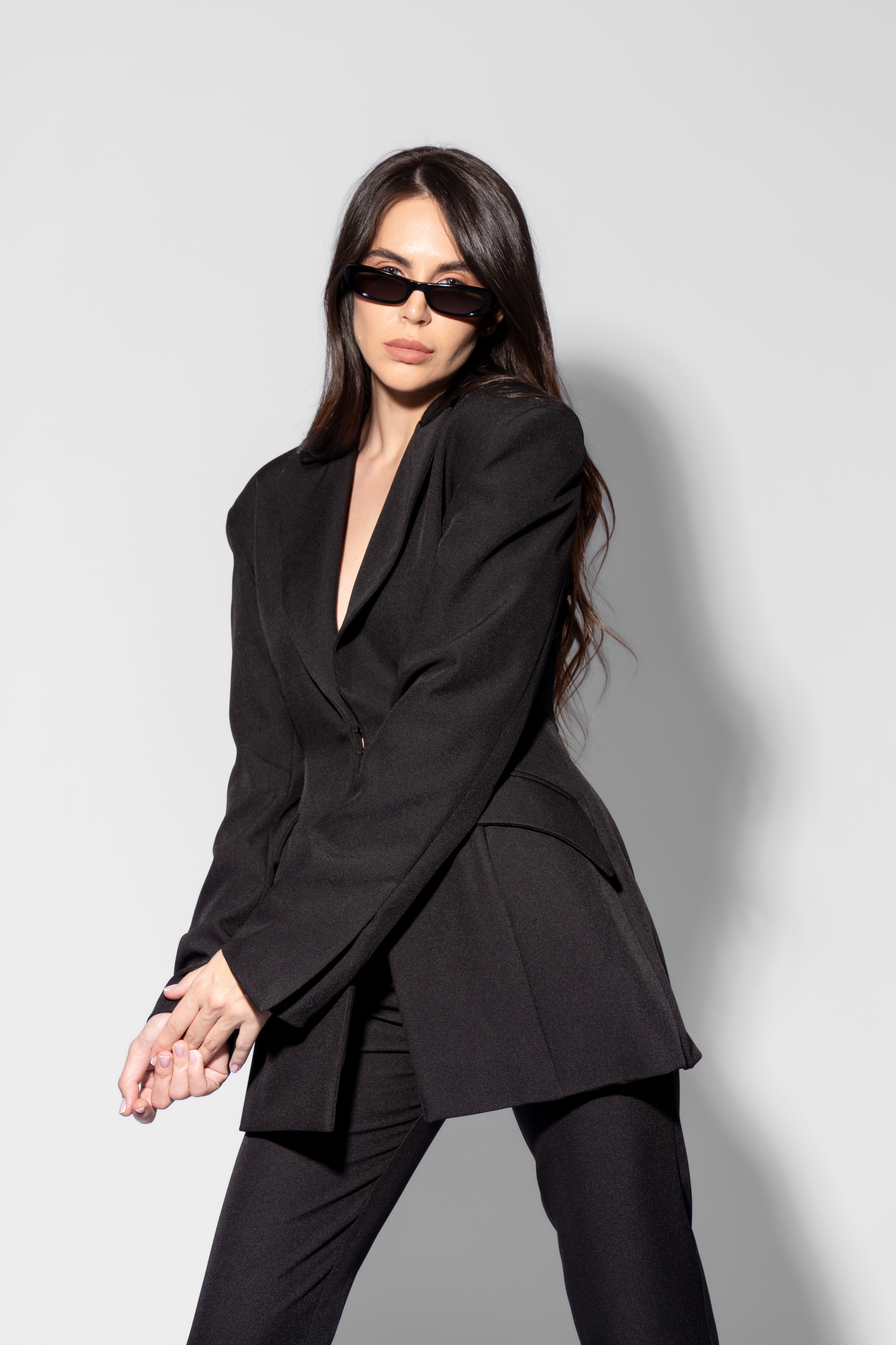 Black Suit with Balloon Blazer and Split-Hem Trousers