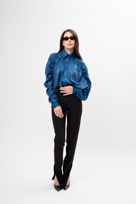 Cămașă albastra Oversized din Material Metalizat cu Mâneci Bufante