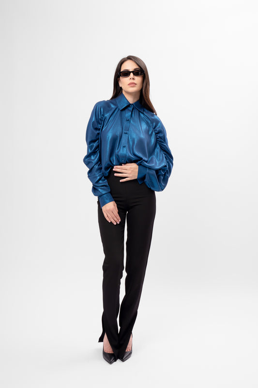 Cămașă albastra Oversized din Material Metalizat cu Mâneci Bufante
