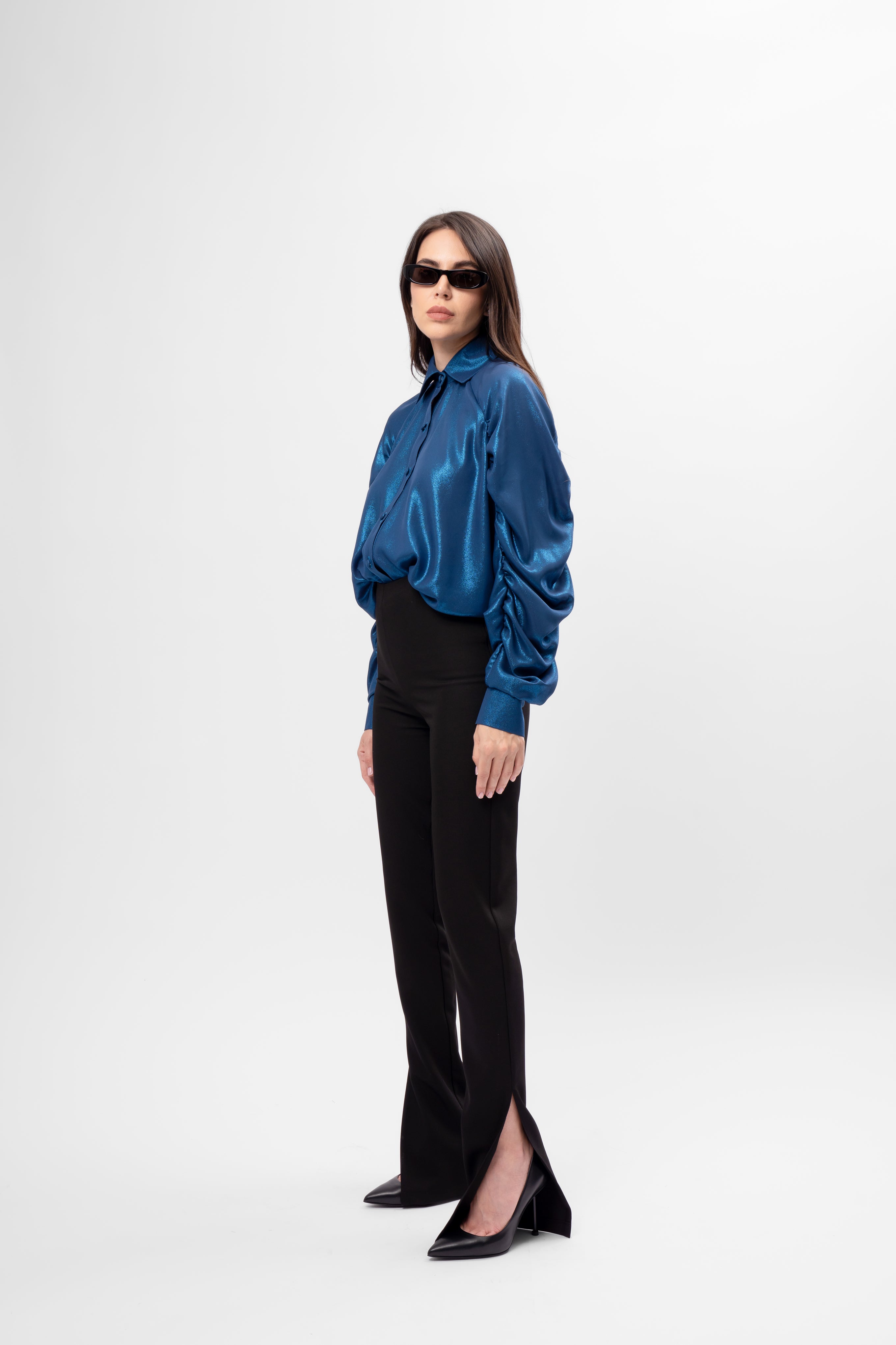Cămașă albastra Oversized din Material Metalizat cu Mâneci Bufante
