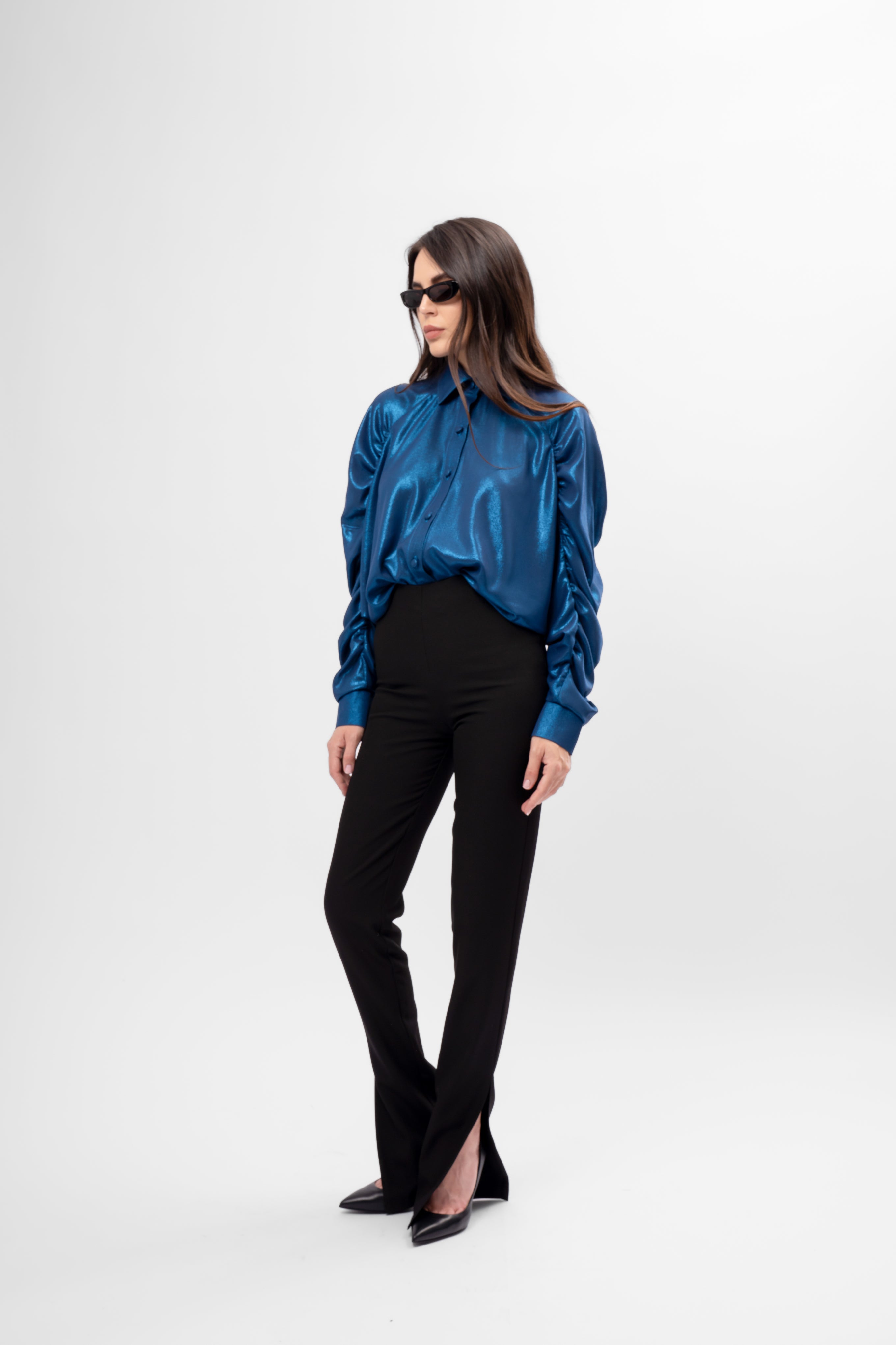 Oversized Metallic Shirt with Puff Sleeves – Blue