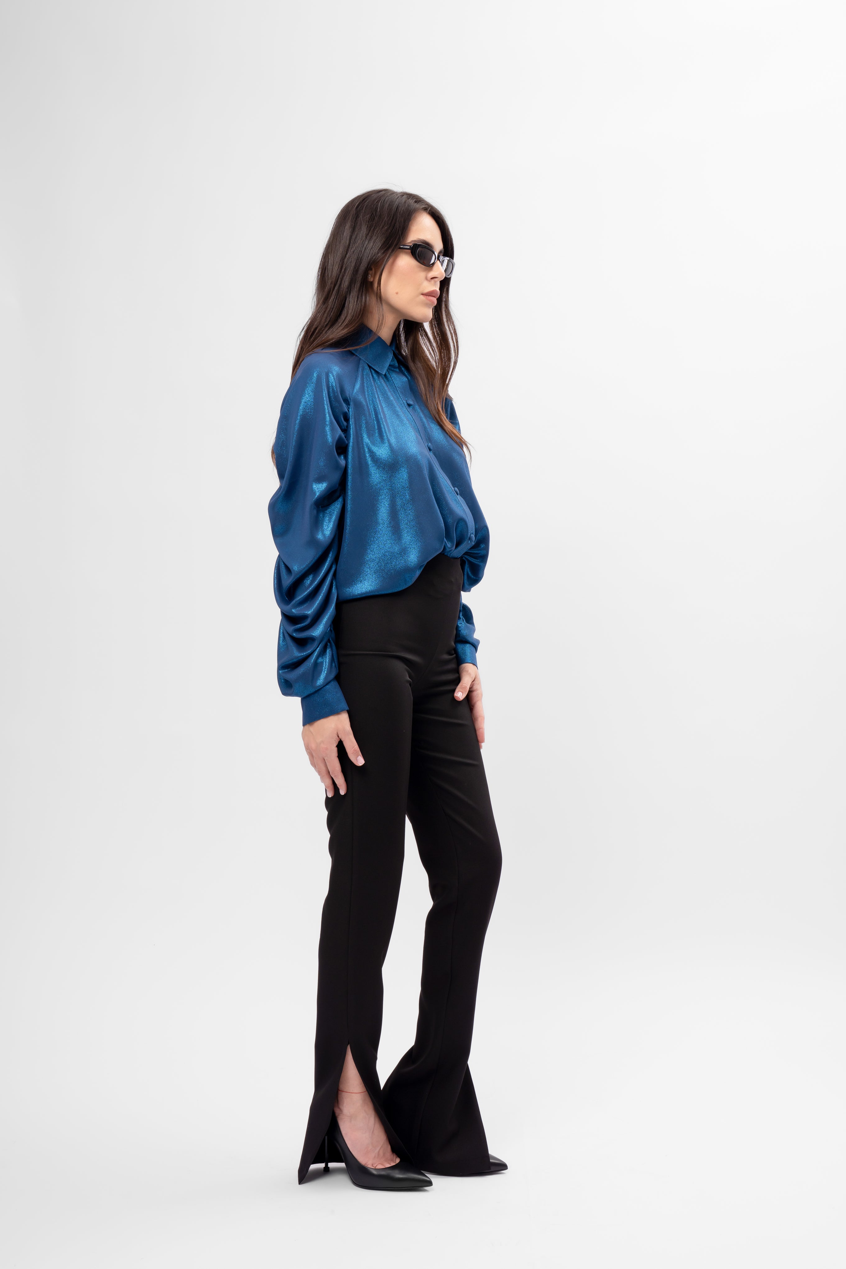 Oversized Metallic Shirt with Puff Sleeves – Blue