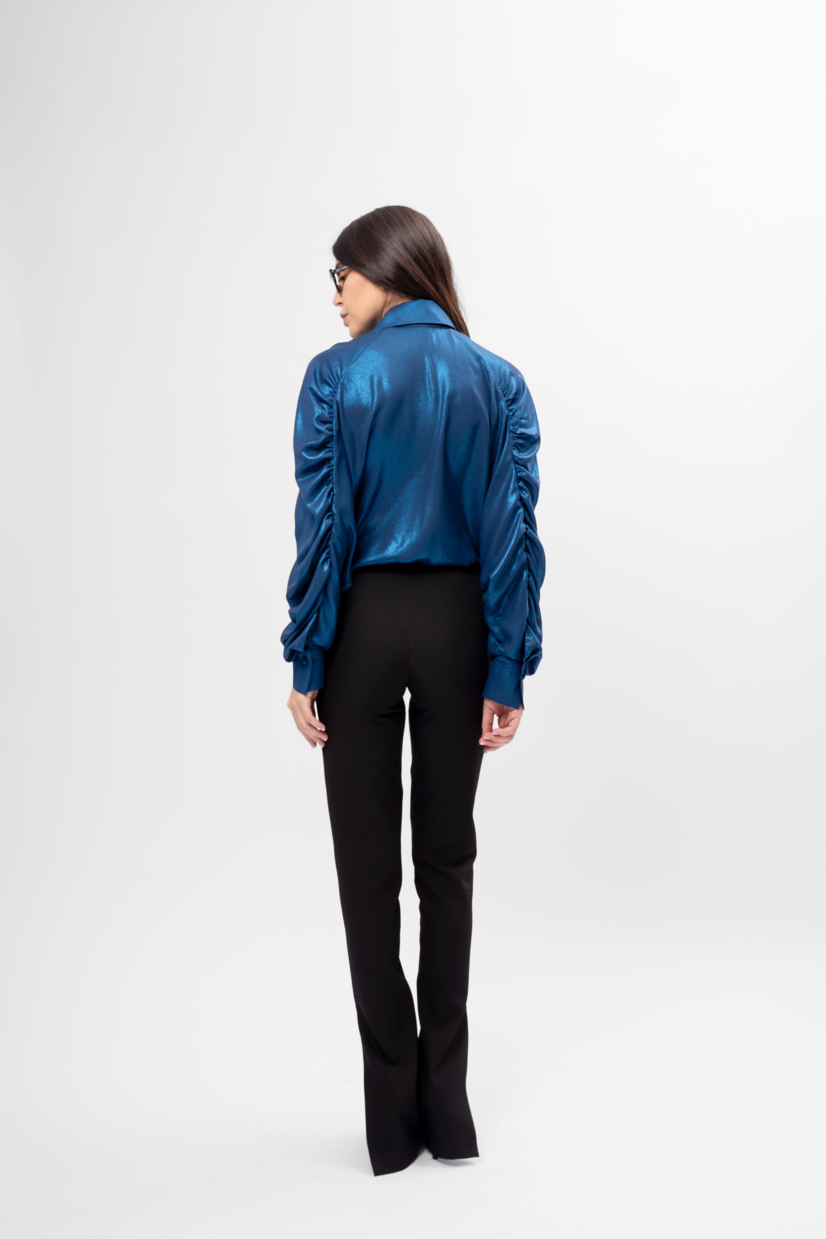 Oversized Metallic Shirt with Puff Sleeves – Blue