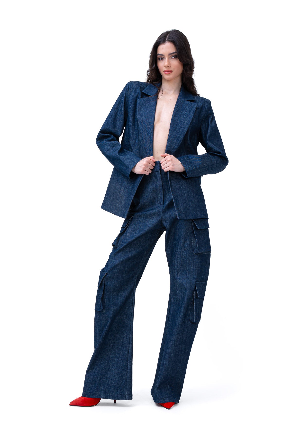 Denim Suit With Oversized Blazer And Cargo Trousers