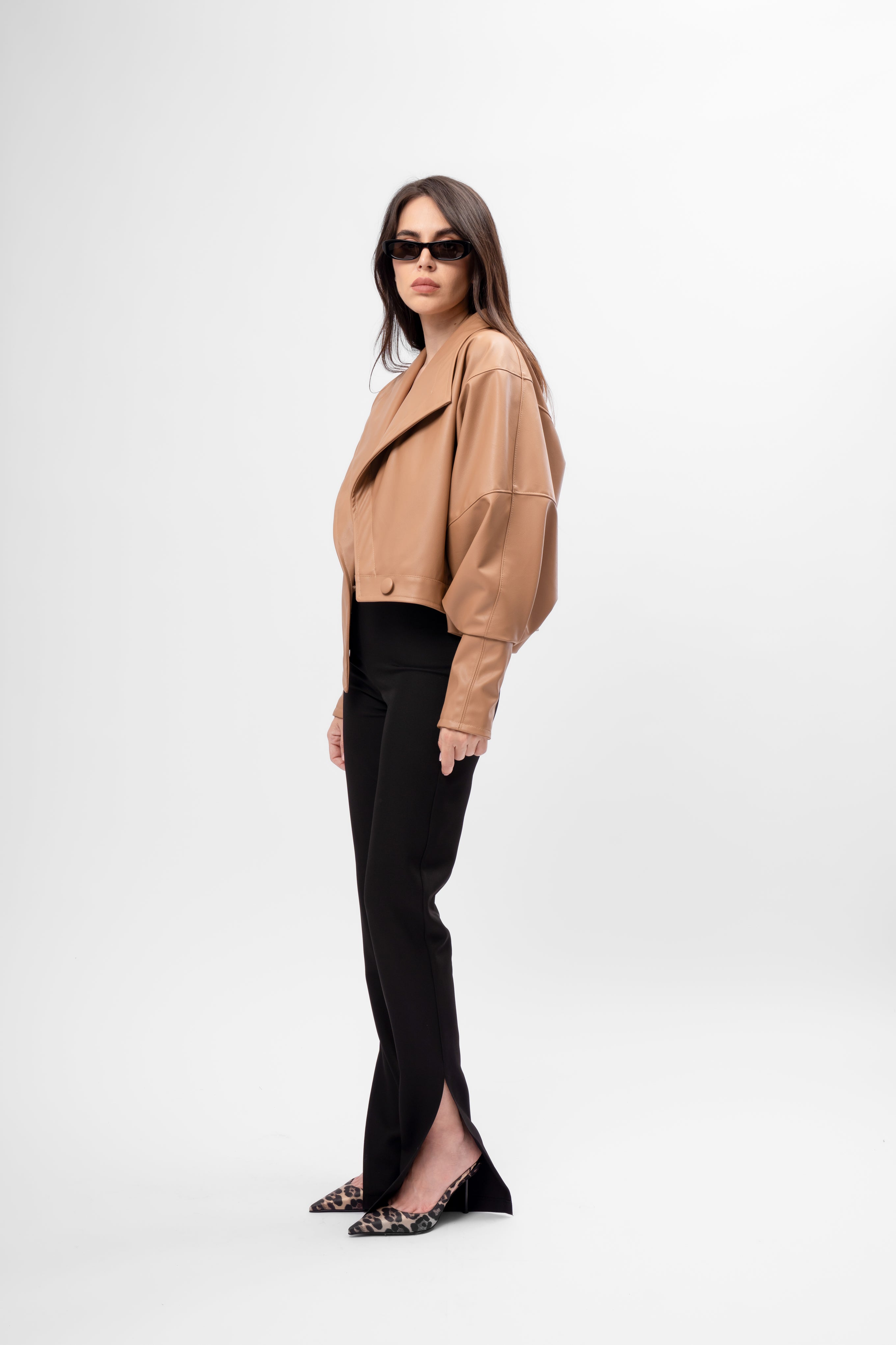 Asymmetric camel cropped faux leather jacket with oversized fit