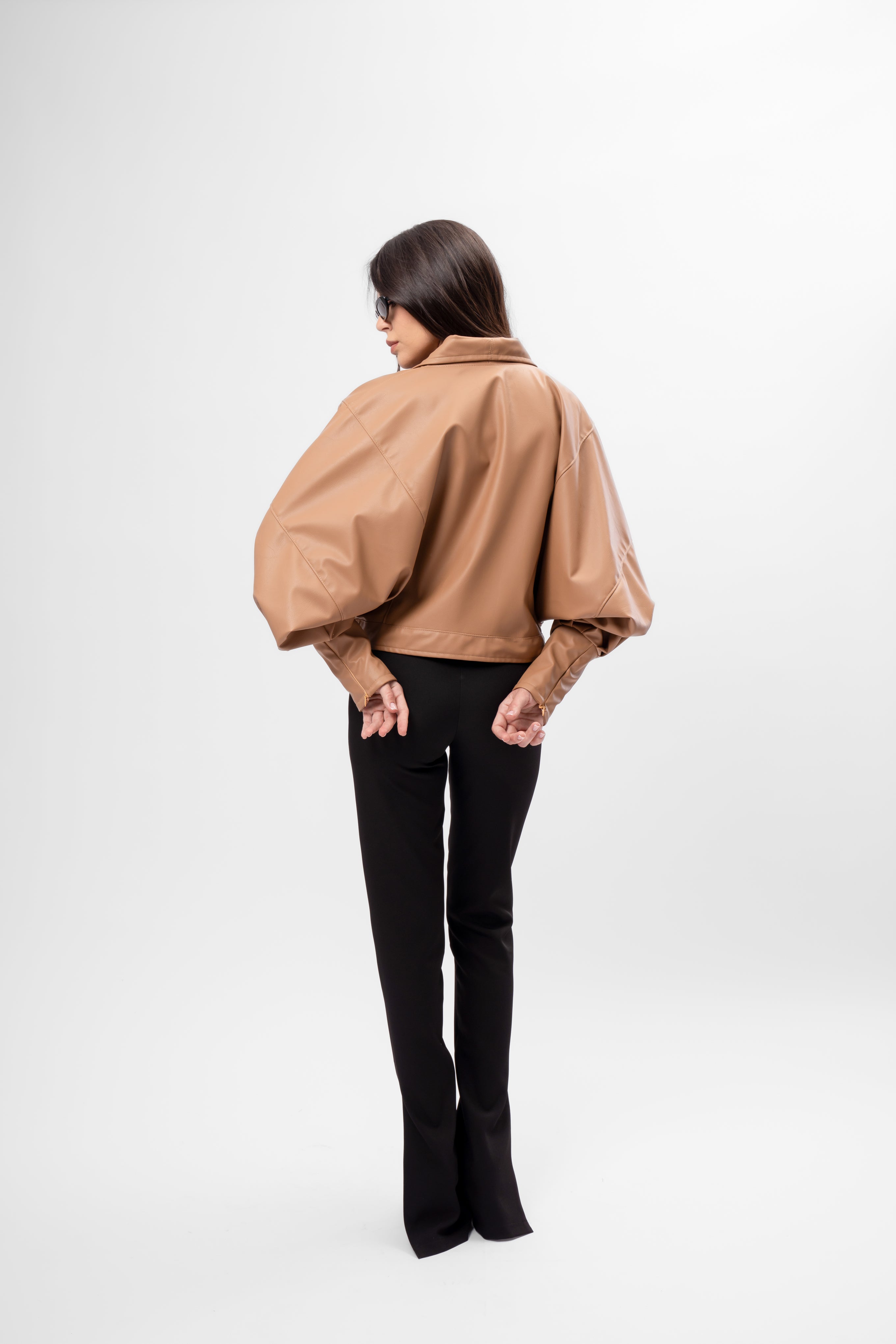 Asymmetric camel cropped faux leather jacket with oversized fit