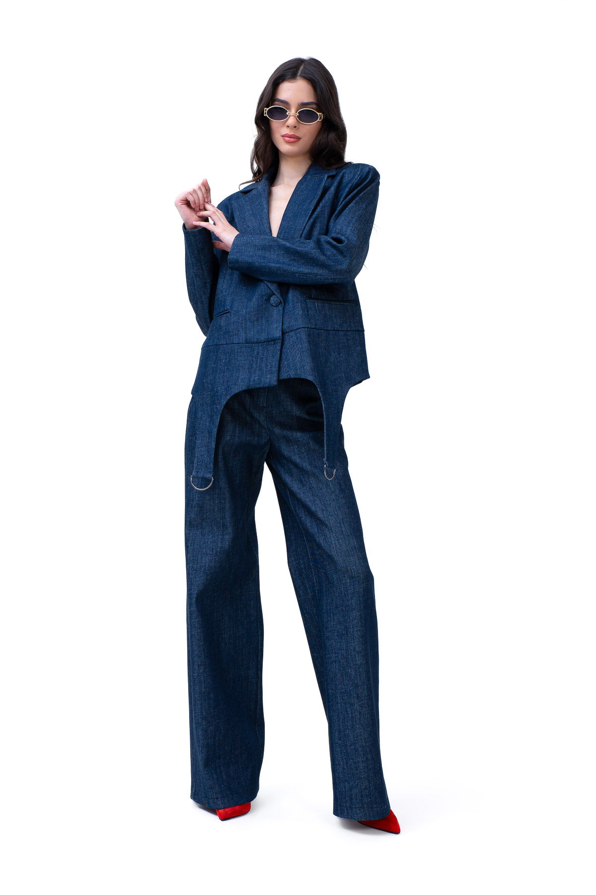 Denim Suit With Blazer And Straight Trousers With Decorative Rings