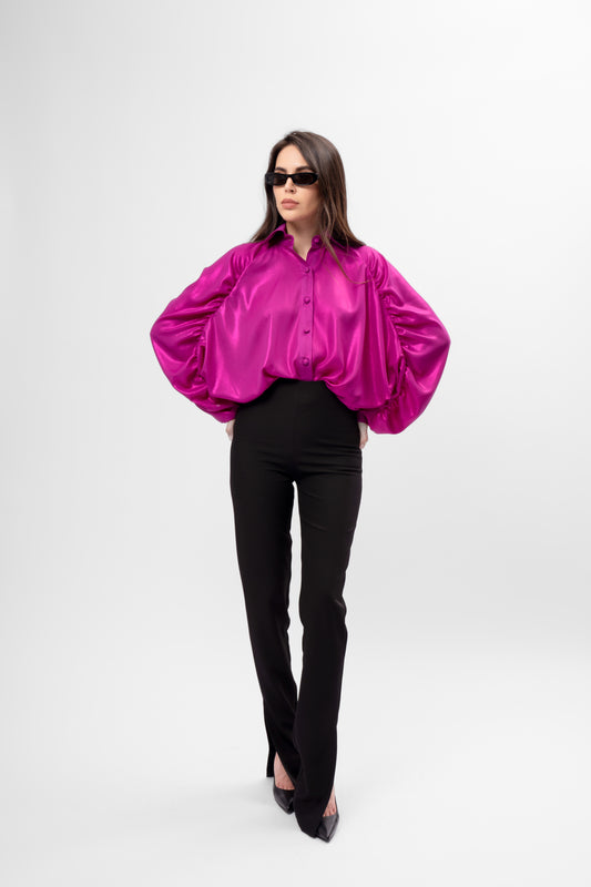 Cămașă Fucsia oversized din Material Satinat cu Mâneci Bufante 