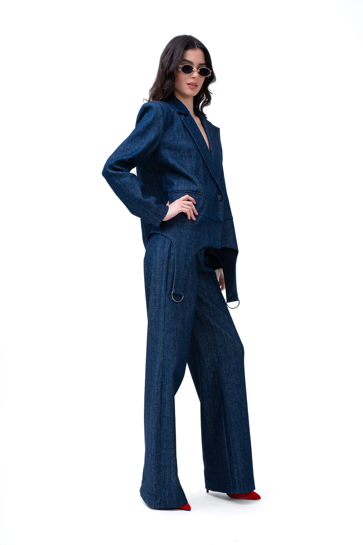 Denim Suit With Blazer And Straight Trousers With Decorative Rings