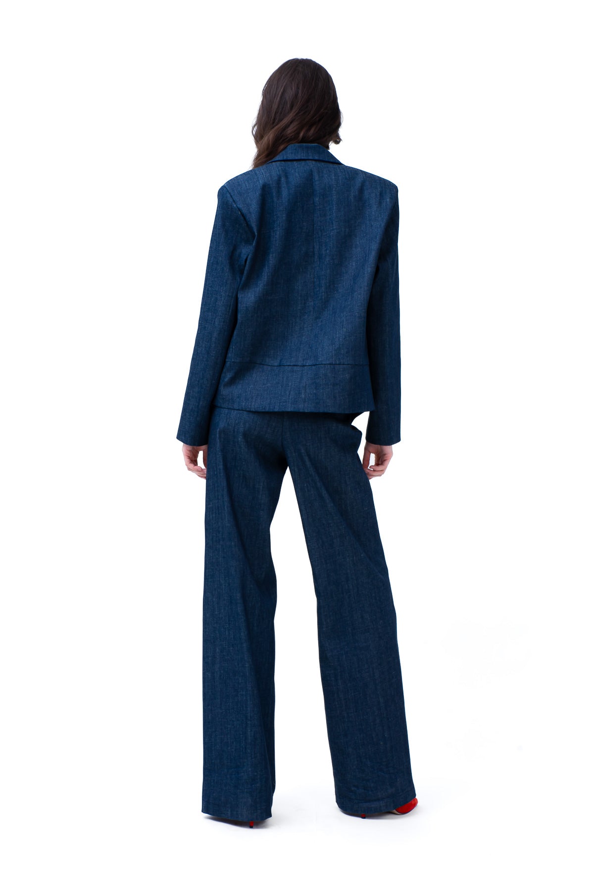 Denim Suit With Blazer And Straight Trousers With Decorative Rings