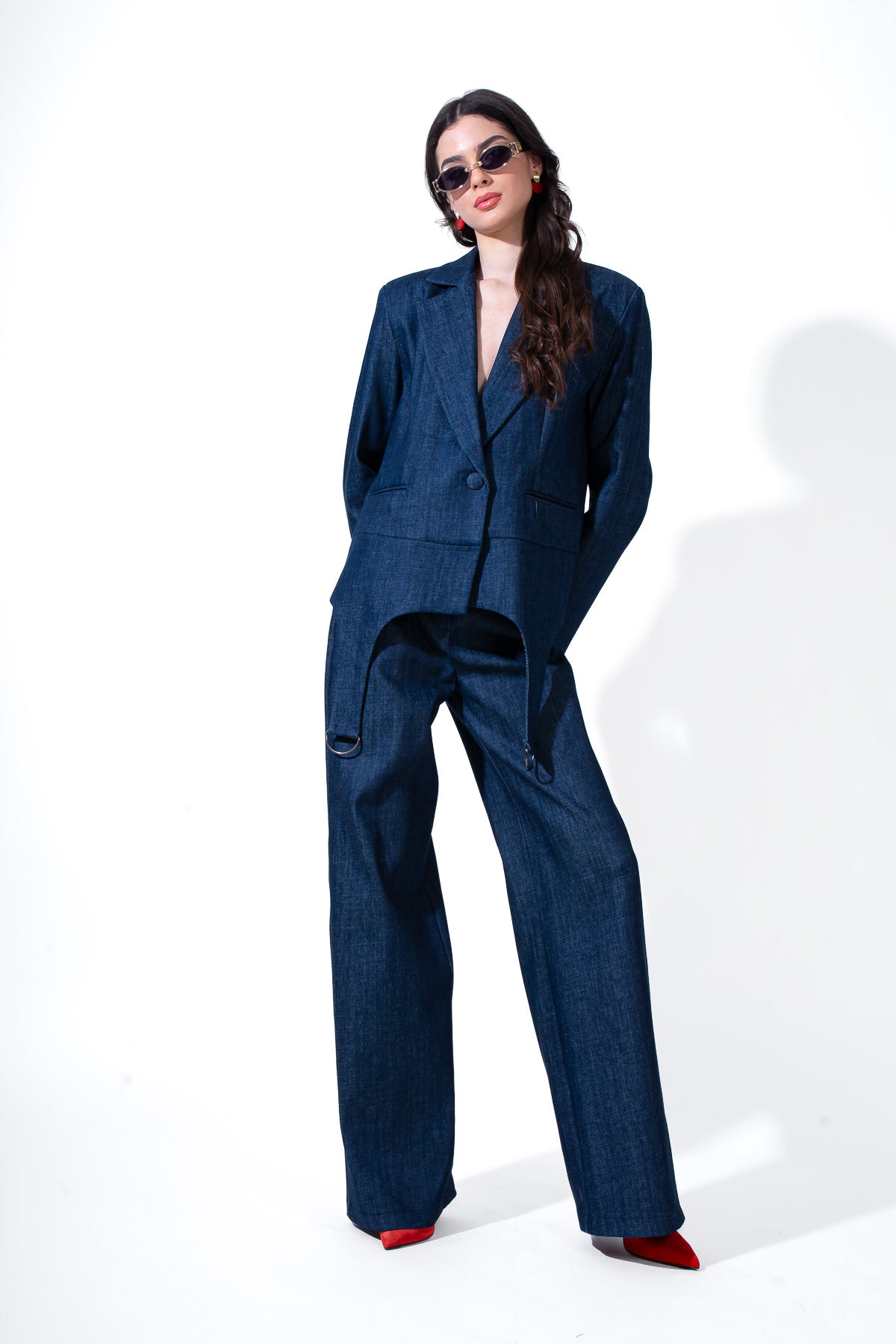 Denim Suit With Blazer And Straight Trousers With Decorative Rings