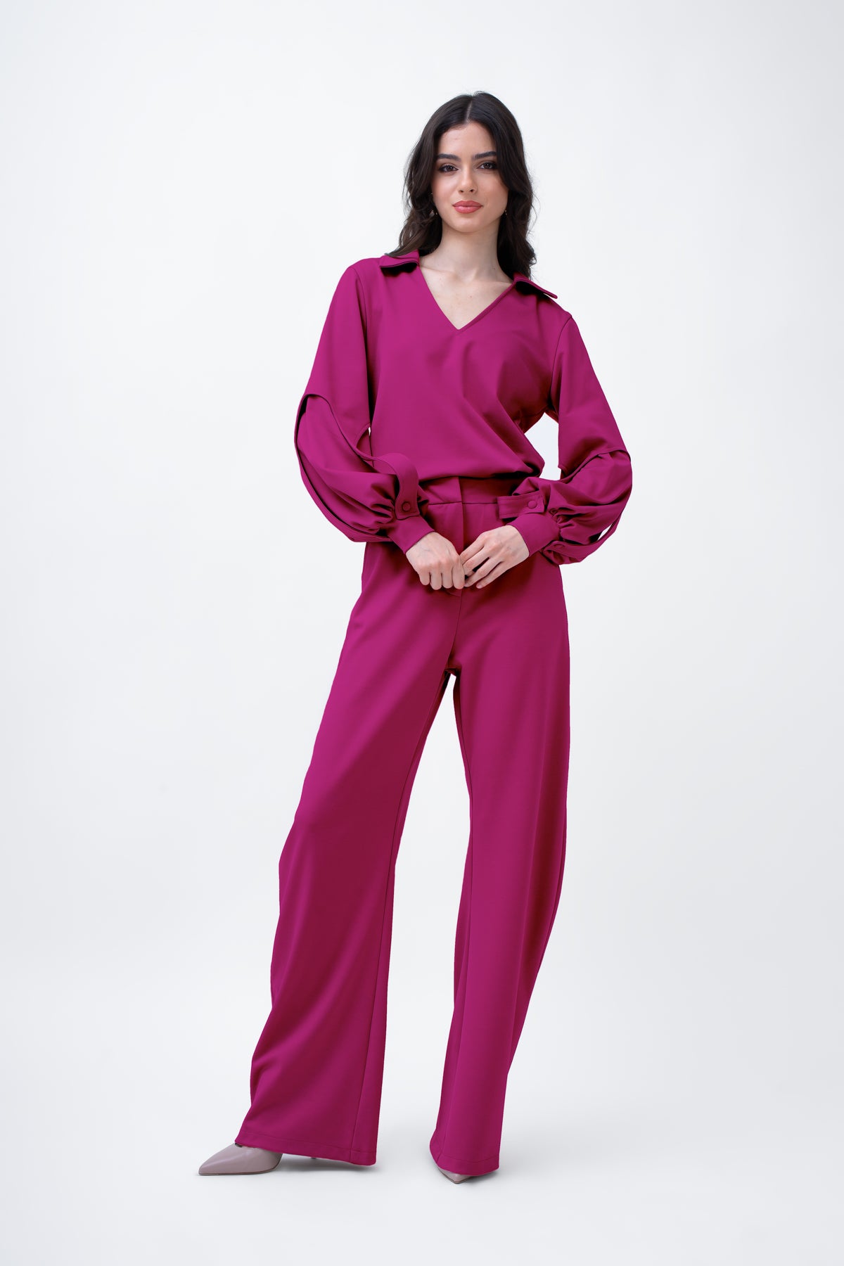 Fuchsia Set With Puff-Sleeve Blouse And Straight Trousers