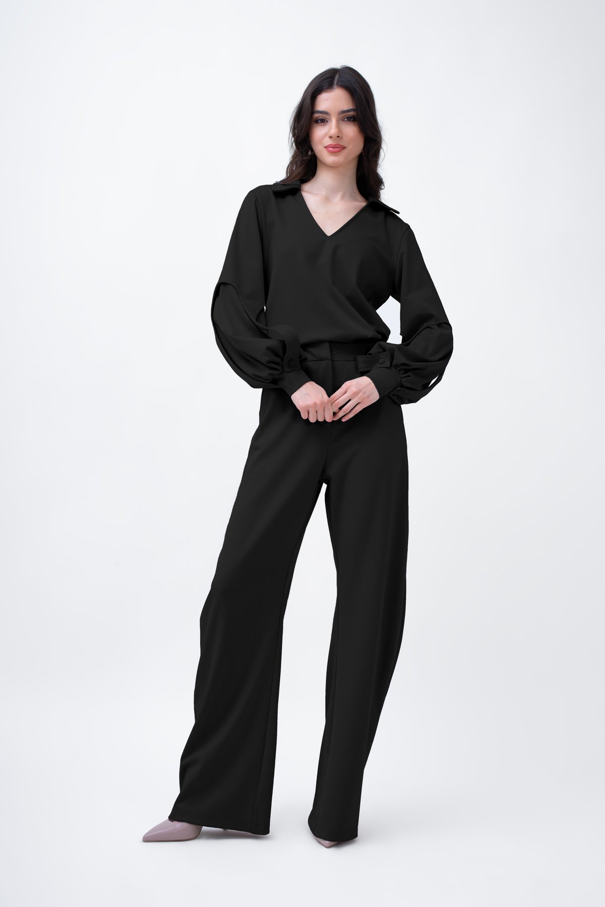 Black Set With Puff-Sleeve Blouse And Straight Trousers