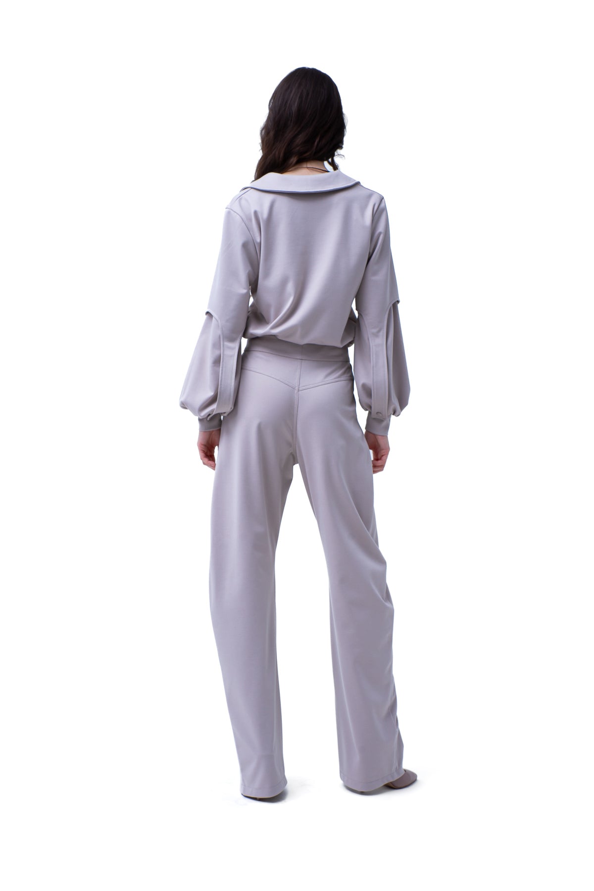 Grey Set With Puff-Sleeve Blouse And Straight Trousers