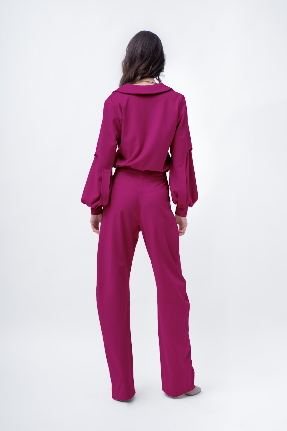 Fuchsia Set With Puff-Sleeve Blouse And Straight Trousers