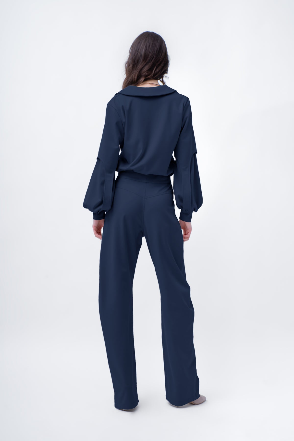 Navy Set With Puff-Sleeve Blouse And Straight Trousers