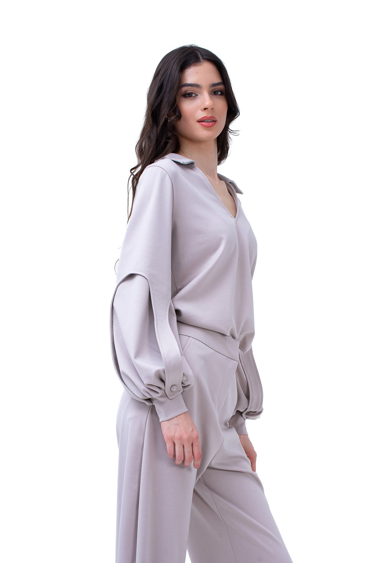 Grey Set With Puff-Sleeve Blouse And Straight Trousers