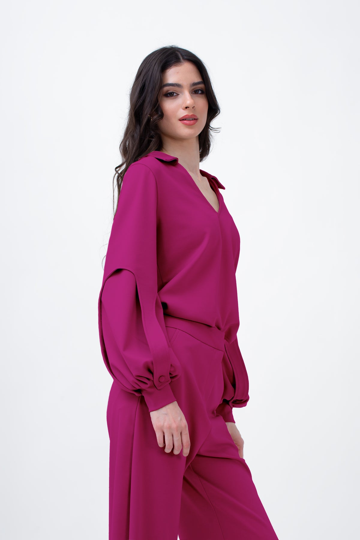 Fuchsia Set With Puff-Sleeve Blouse And Straight Trousers