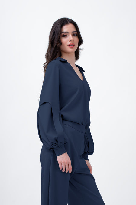 Navy Set With Puff-Sleeve Blouse And Straight Trousers