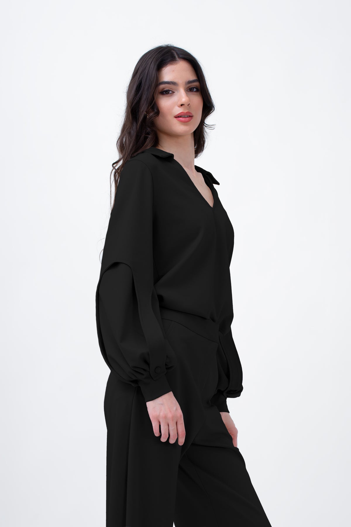 Black Set With Puff-Sleeve Blouse And Straight Trousers