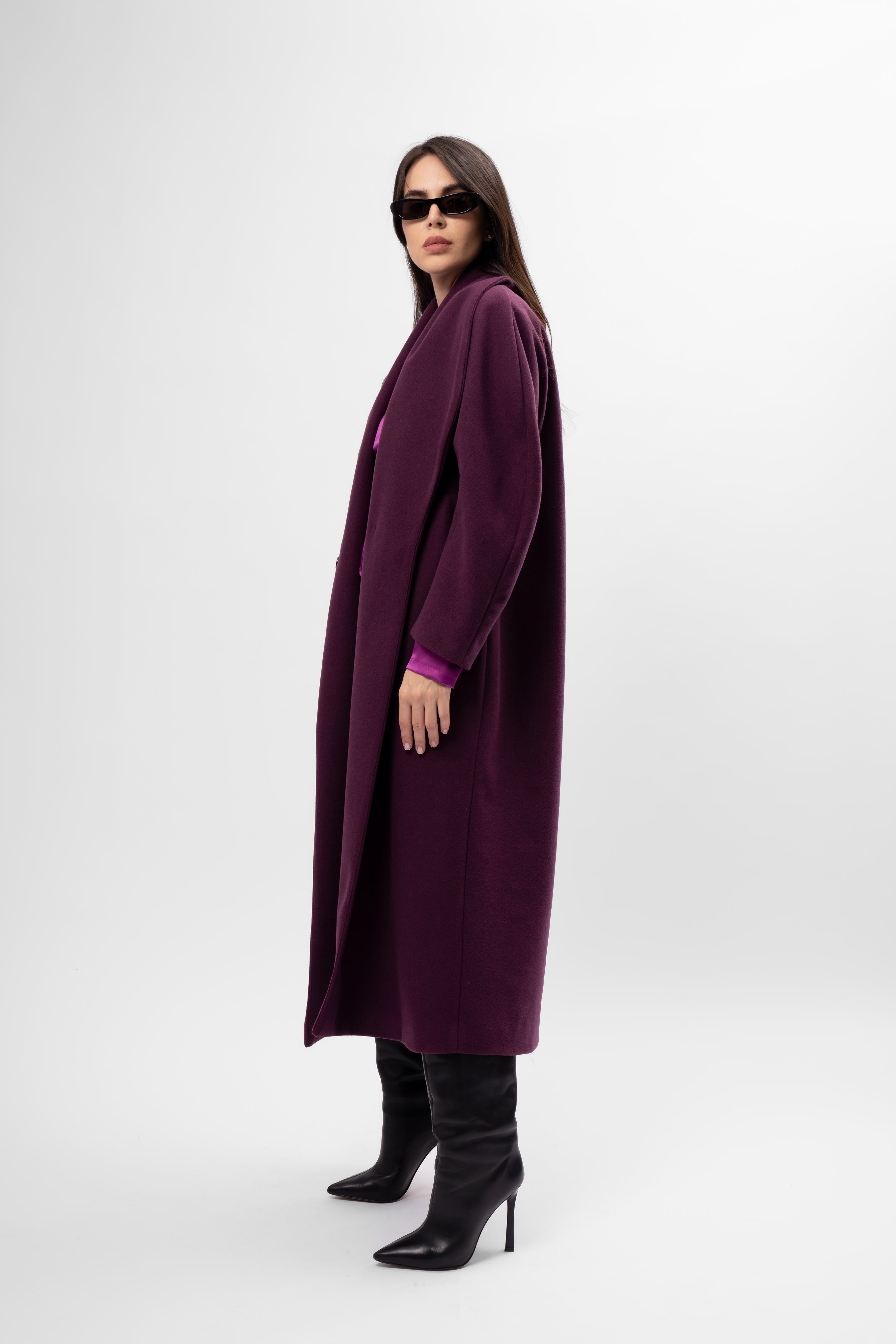 Long plum-purple coat with belt and wide lapel
