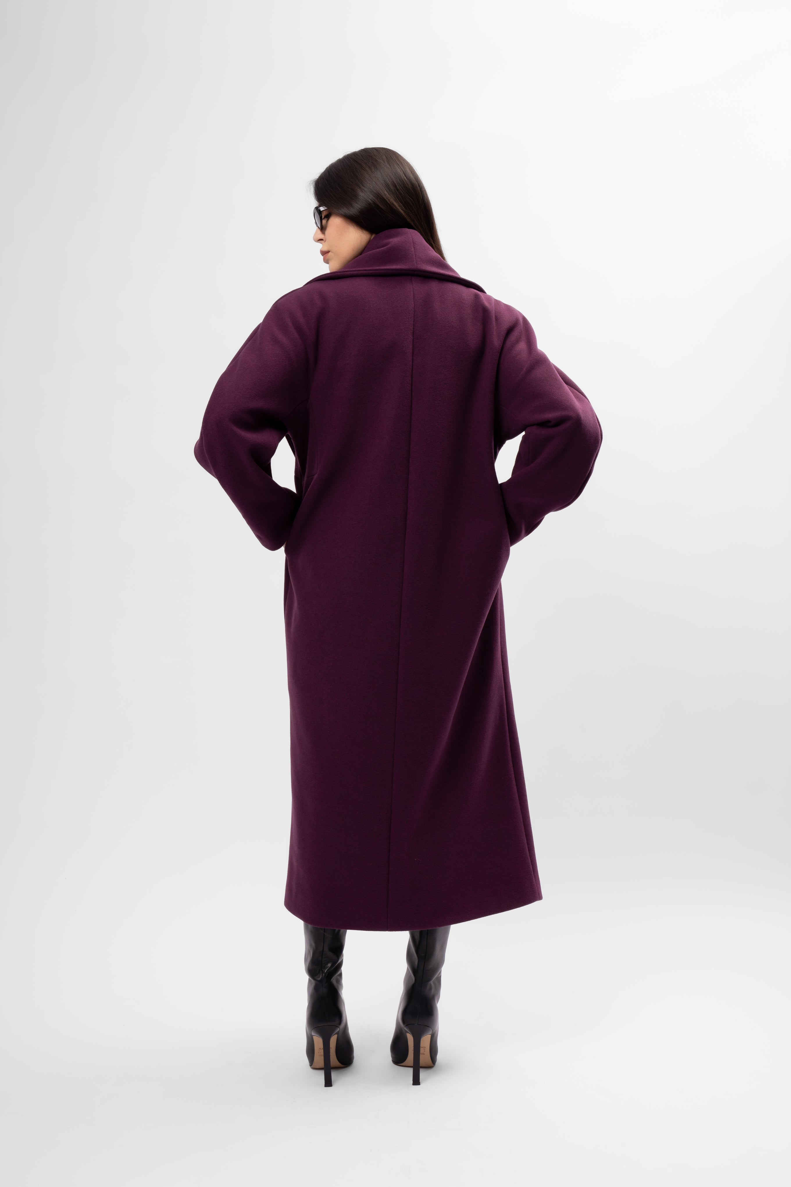 Long plum-purple coat with belt and wide lapel
