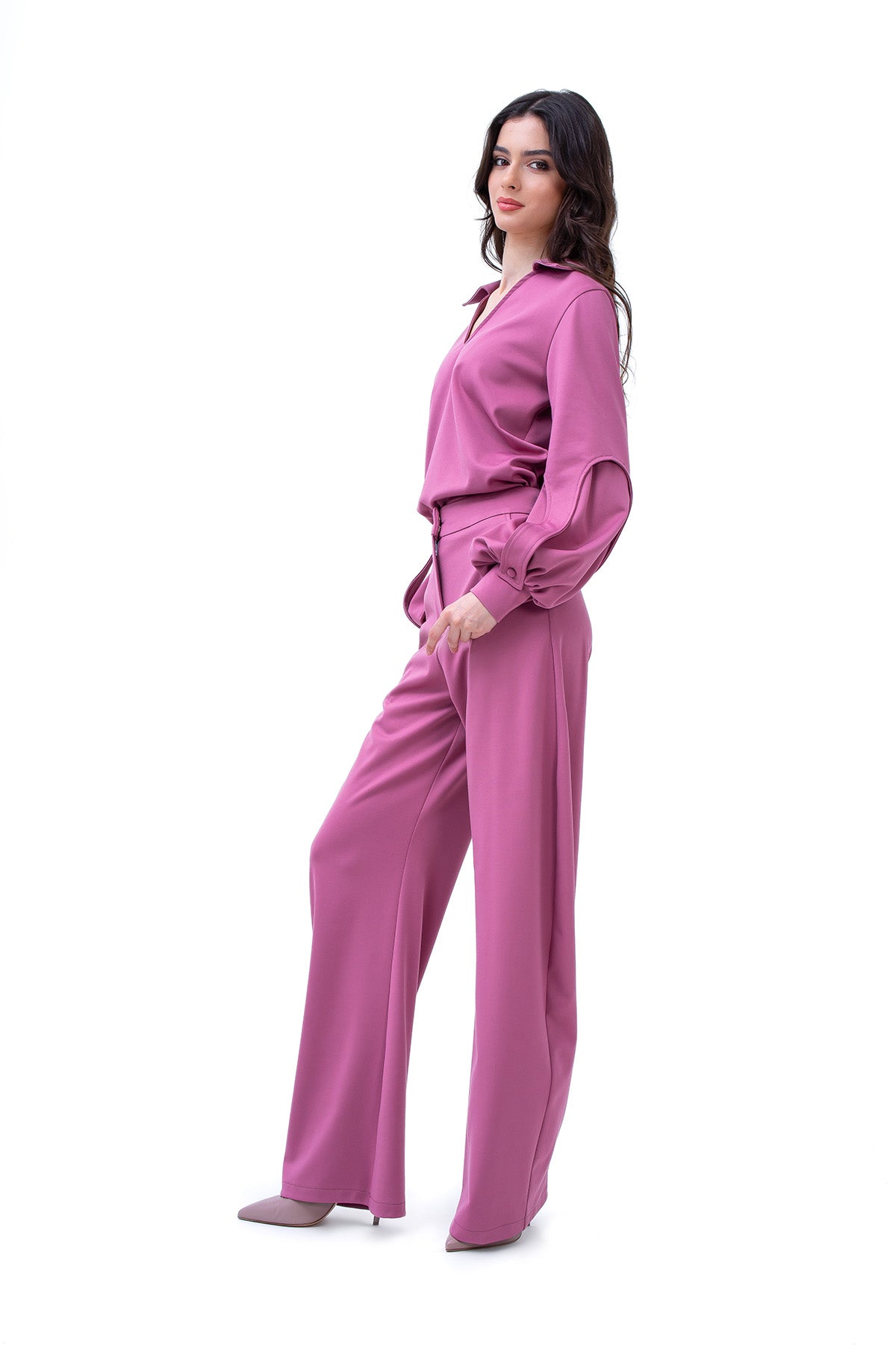 Mauve Set With Puff-Sleeve Blouse And Straight Trousers