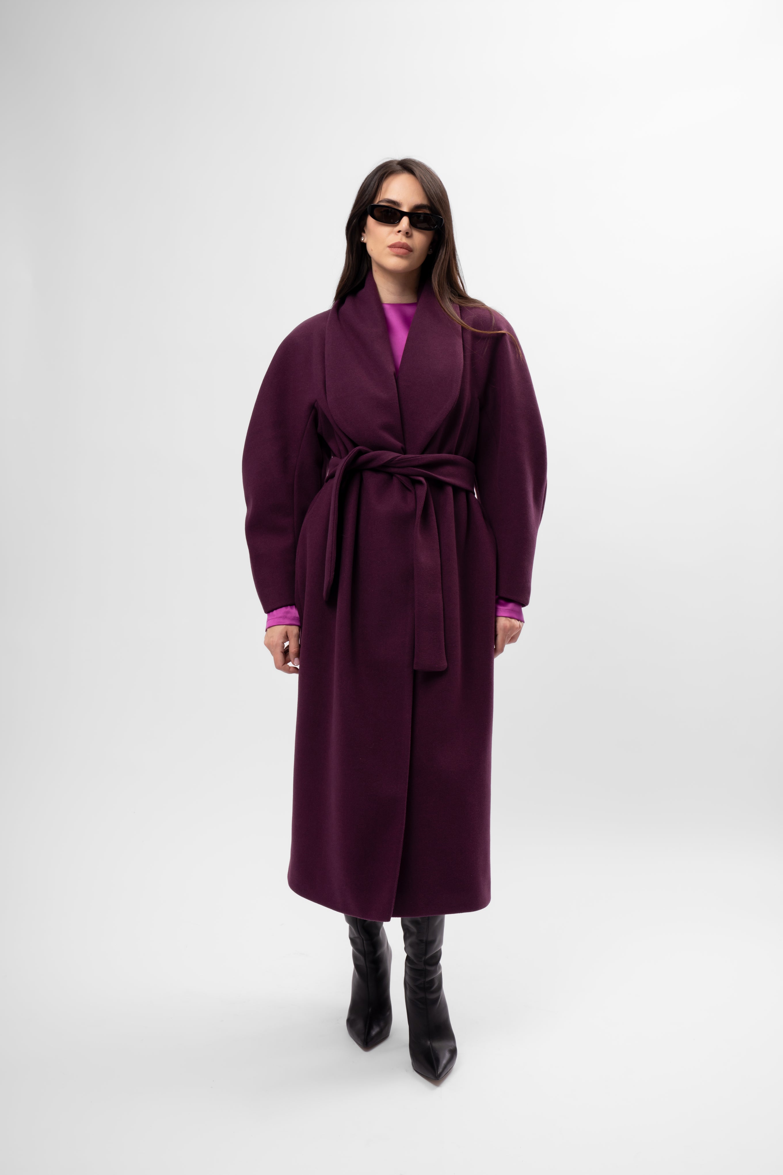 Long plum-purple coat with belt and wide lapel