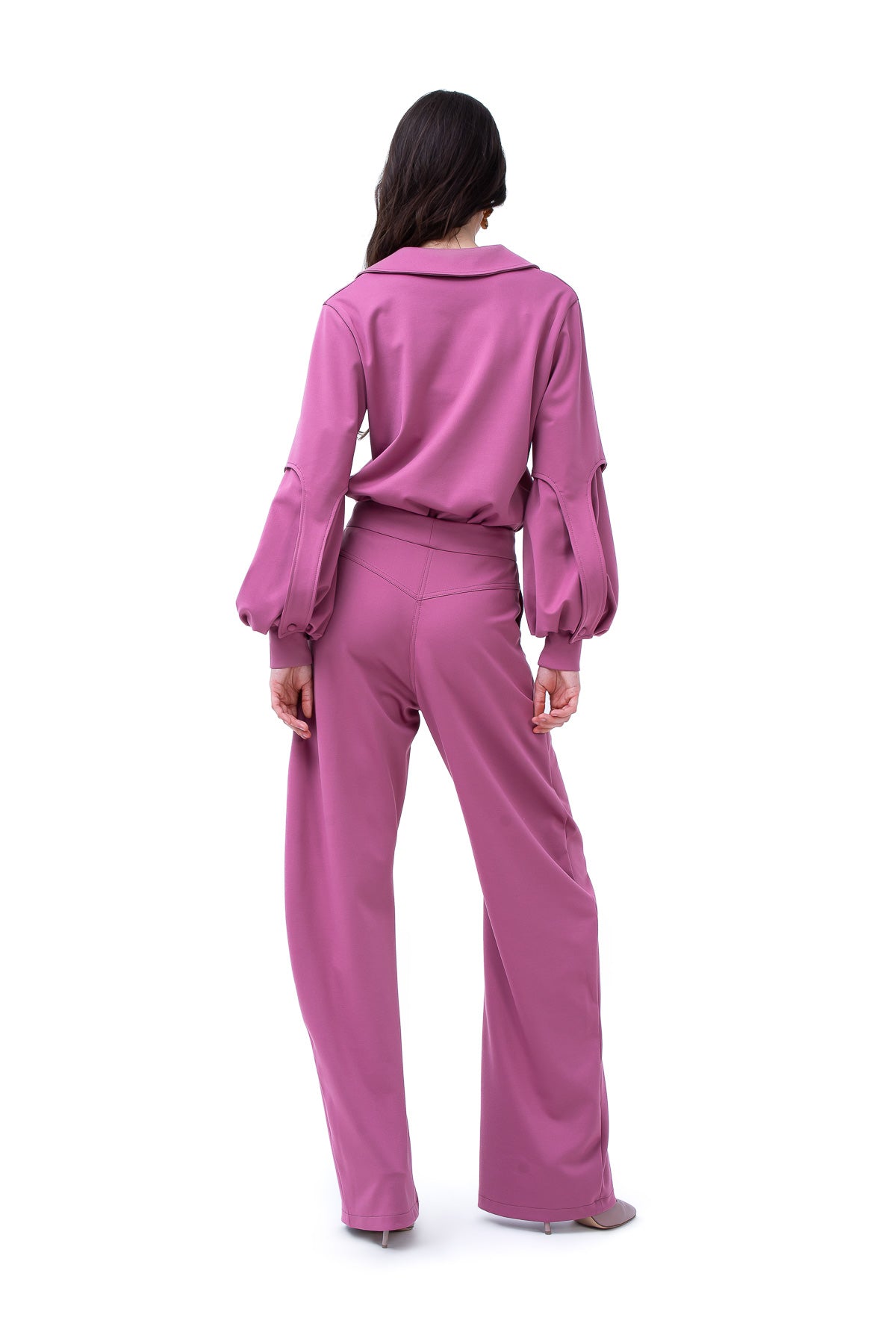 Mauve Set With Puff-Sleeve Blouse And Straight Trousers