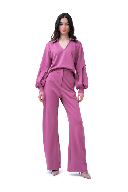 Mauve Set With Puff-Sleeve Blouse And Straight Trousers