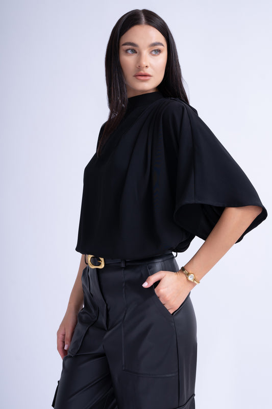 Bluza Neagra Vaporoasa cu Pliuri