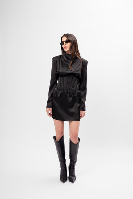 Black Satin Mini Dress with Integrated Corset