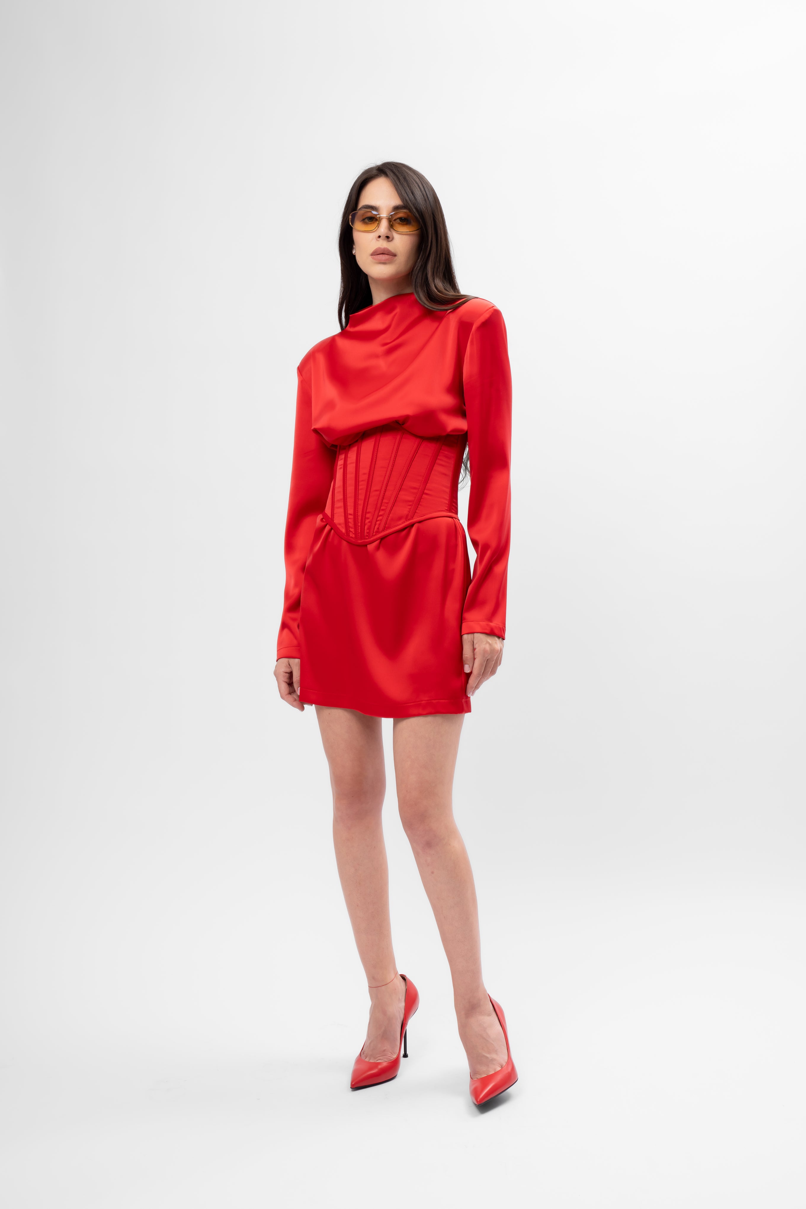Red Satin Mini Dress with Integrated Corset