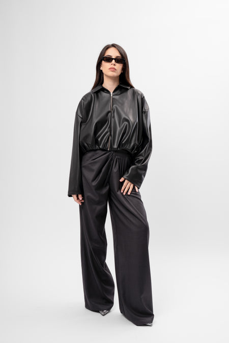 Black Oversized Cropped Jacket with Draping