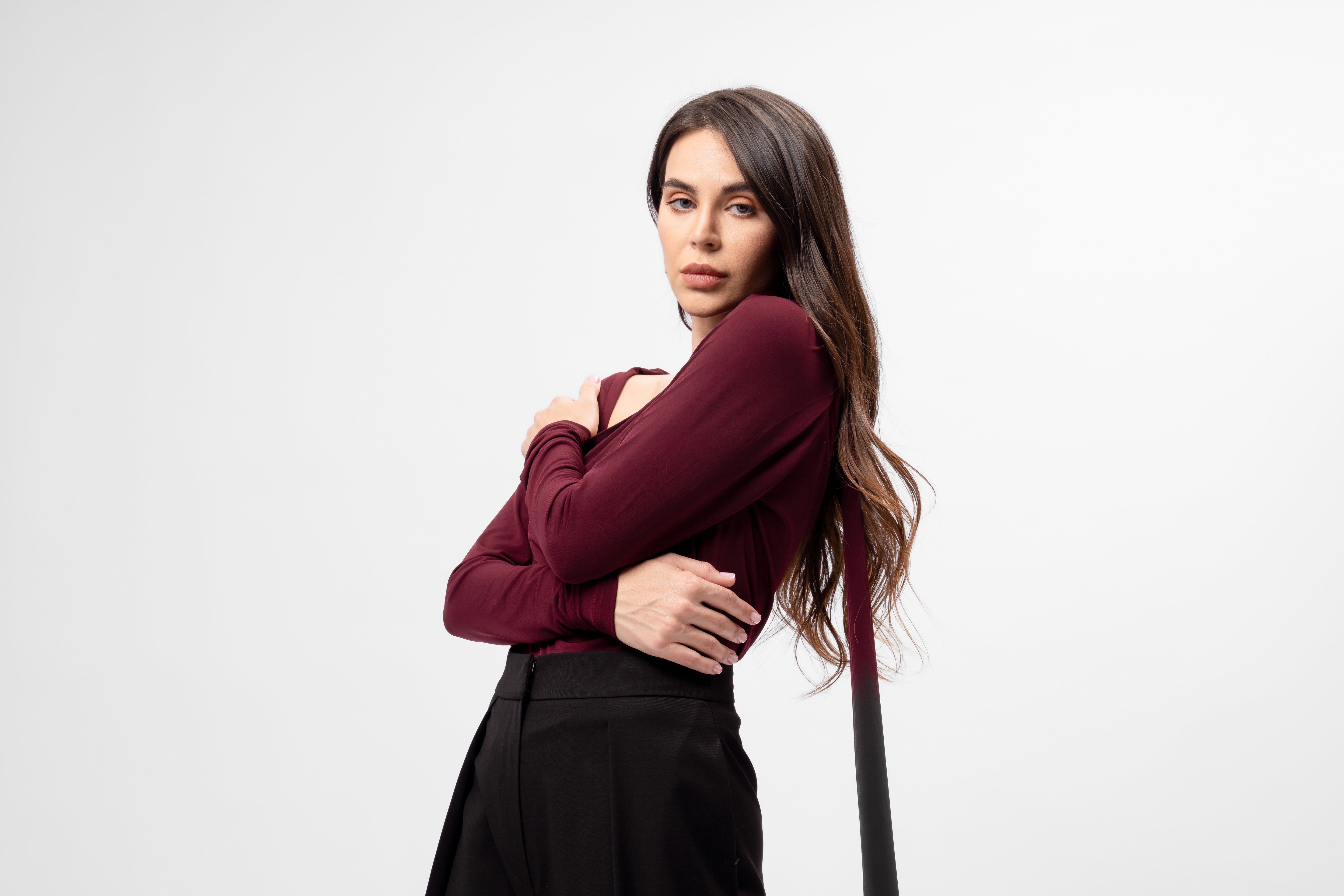 Burgundy Jersey Top with Asymmetric Neckline