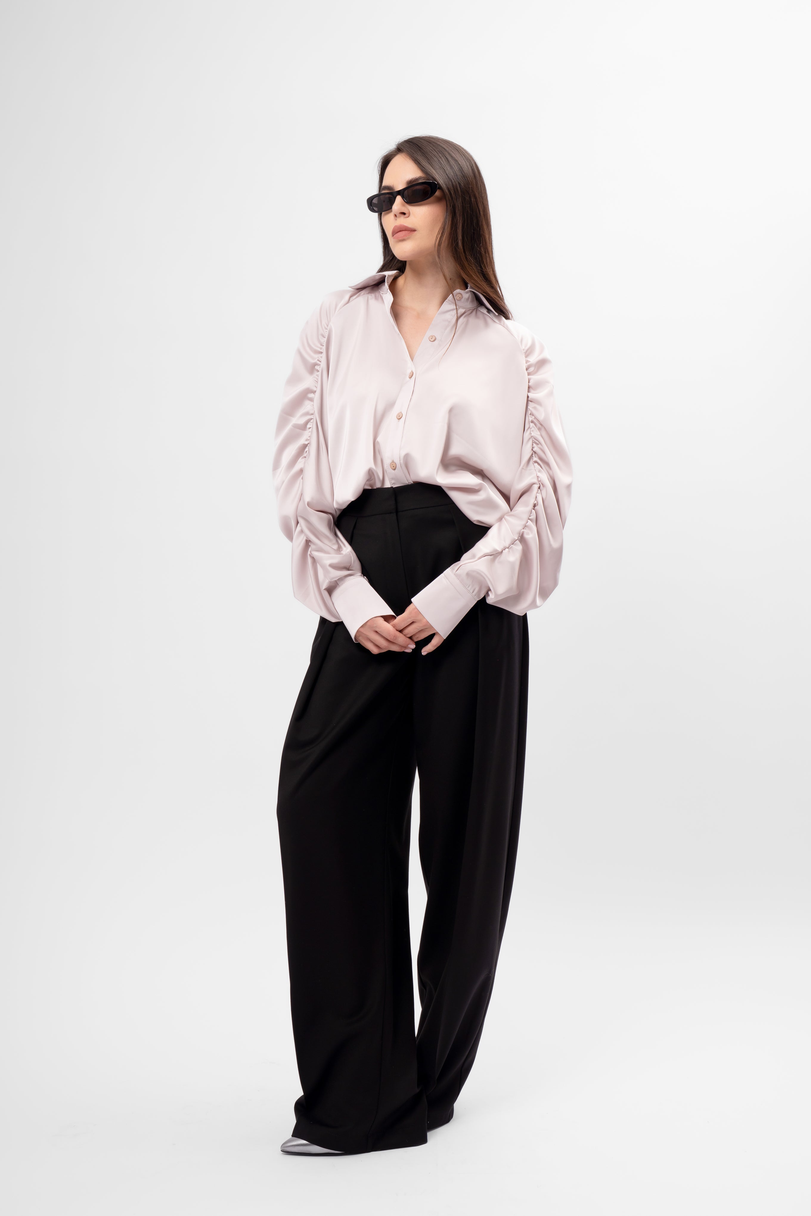 Cămașă Oversized din Material Satinat cu Mâneci Bufante 