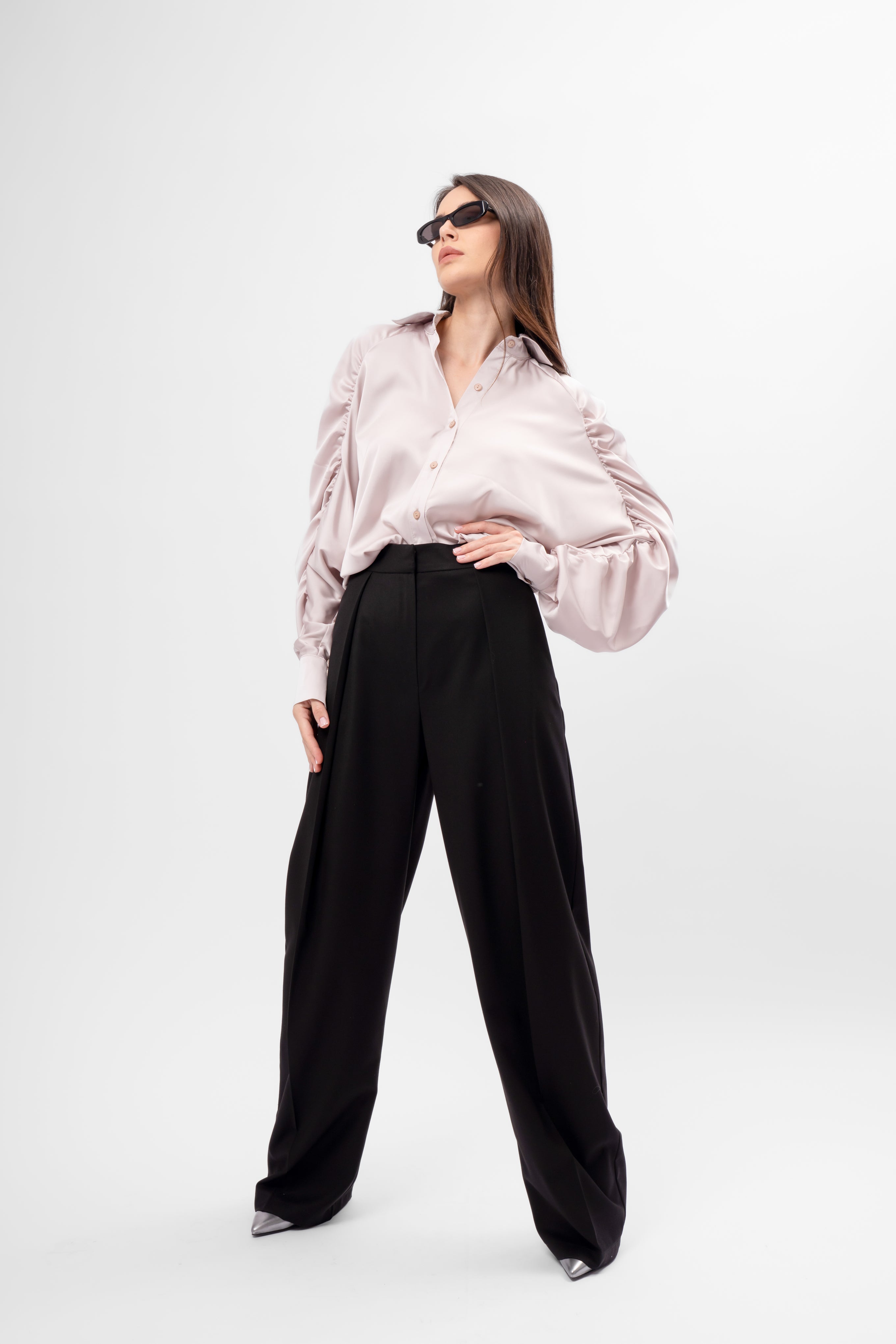 Cămașă Oversized din Material Satinat cu Mâneci Bufante 