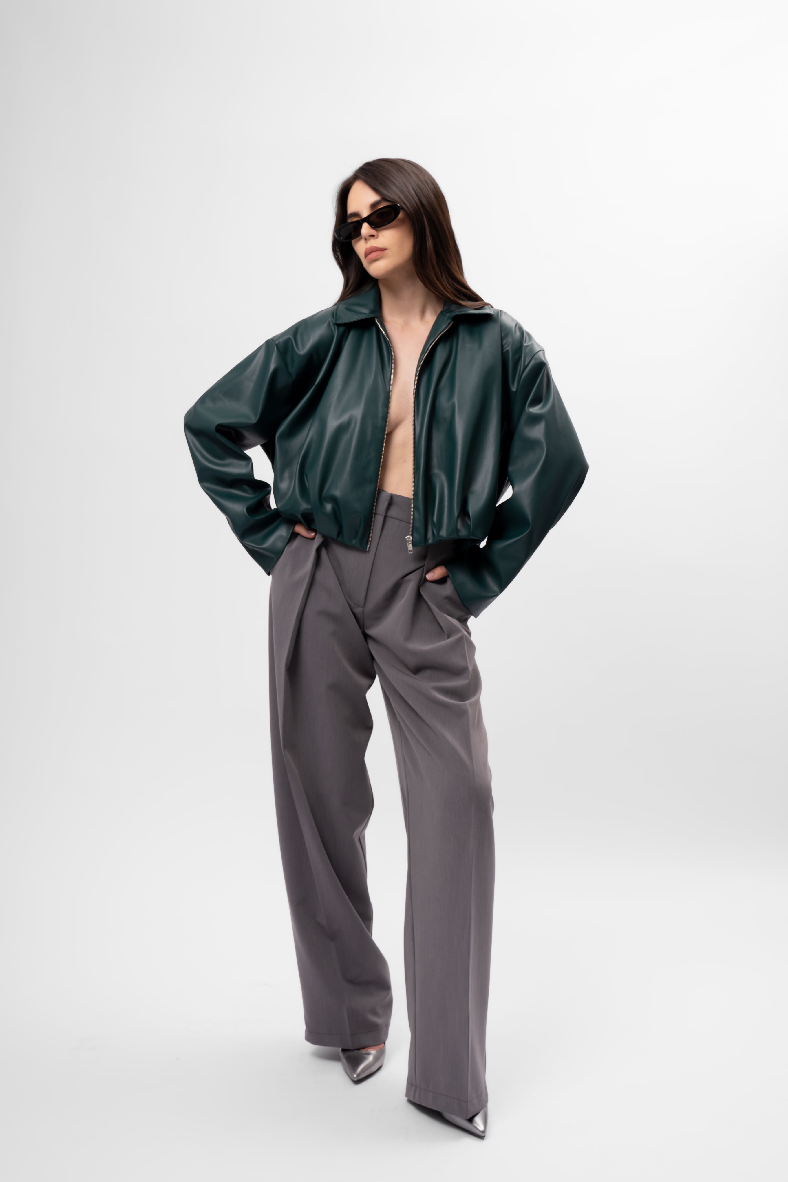 Dark green Oversized Cropped Jacket with Draping