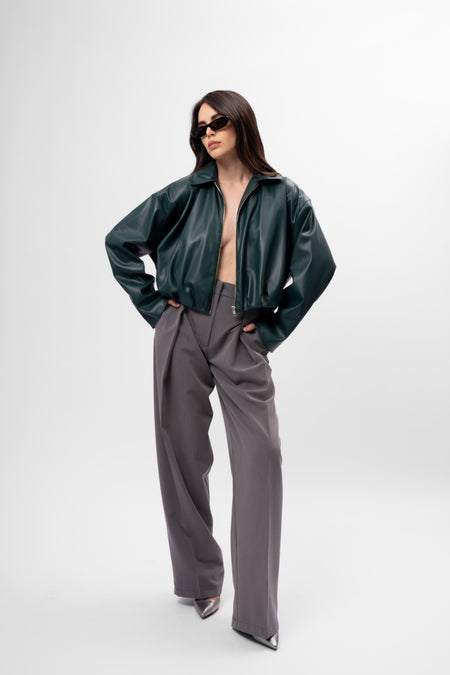 Geacă Crop Oversized cu Drapaje Culoare verde inchis
