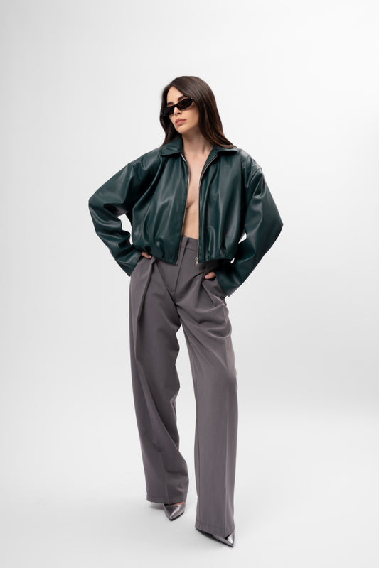 Geacă Crop Oversized cu Drapaje Culoare verde inchis