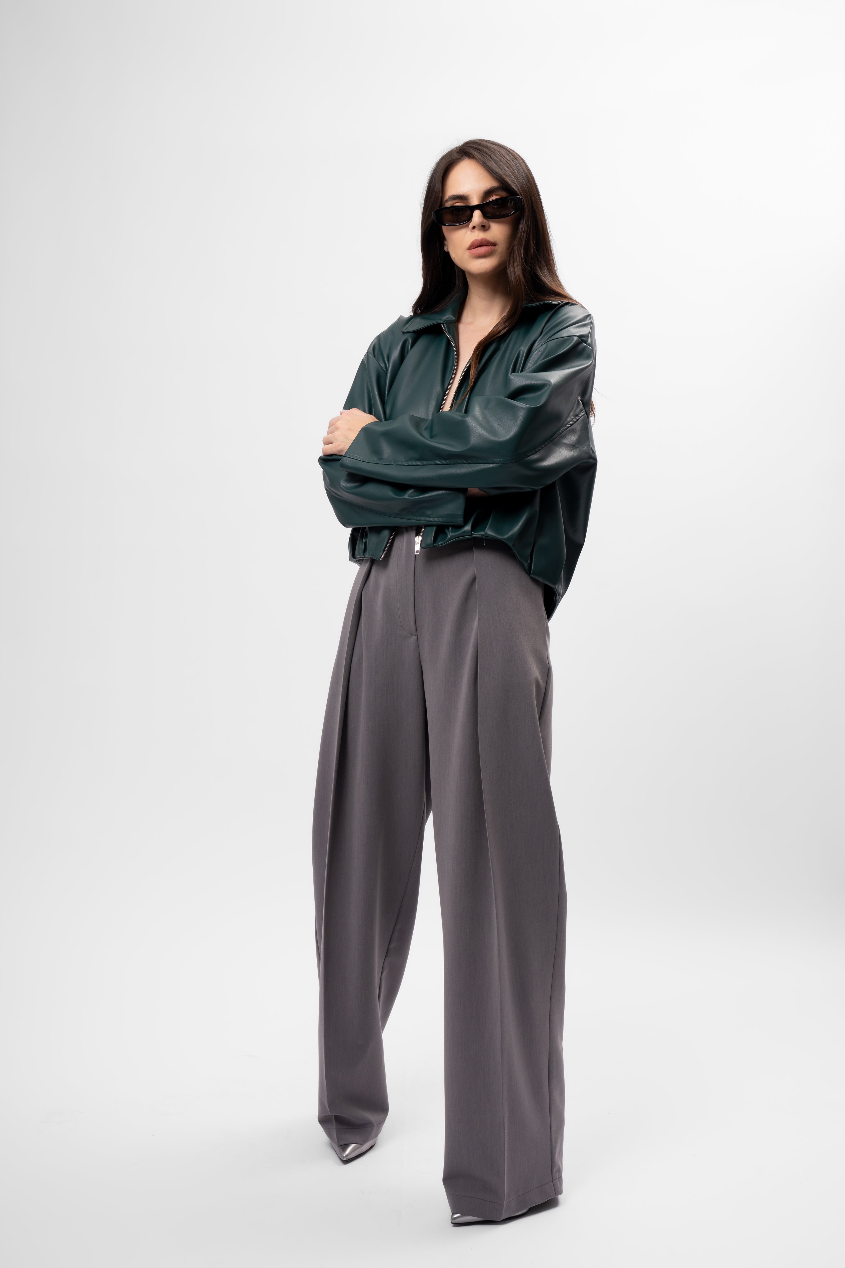 Dark green Oversized Cropped Jacket with Draping