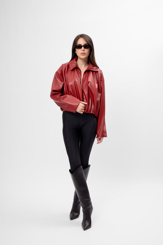 Geacă Crop Oversized cu Drapaje Culoare Burgundy