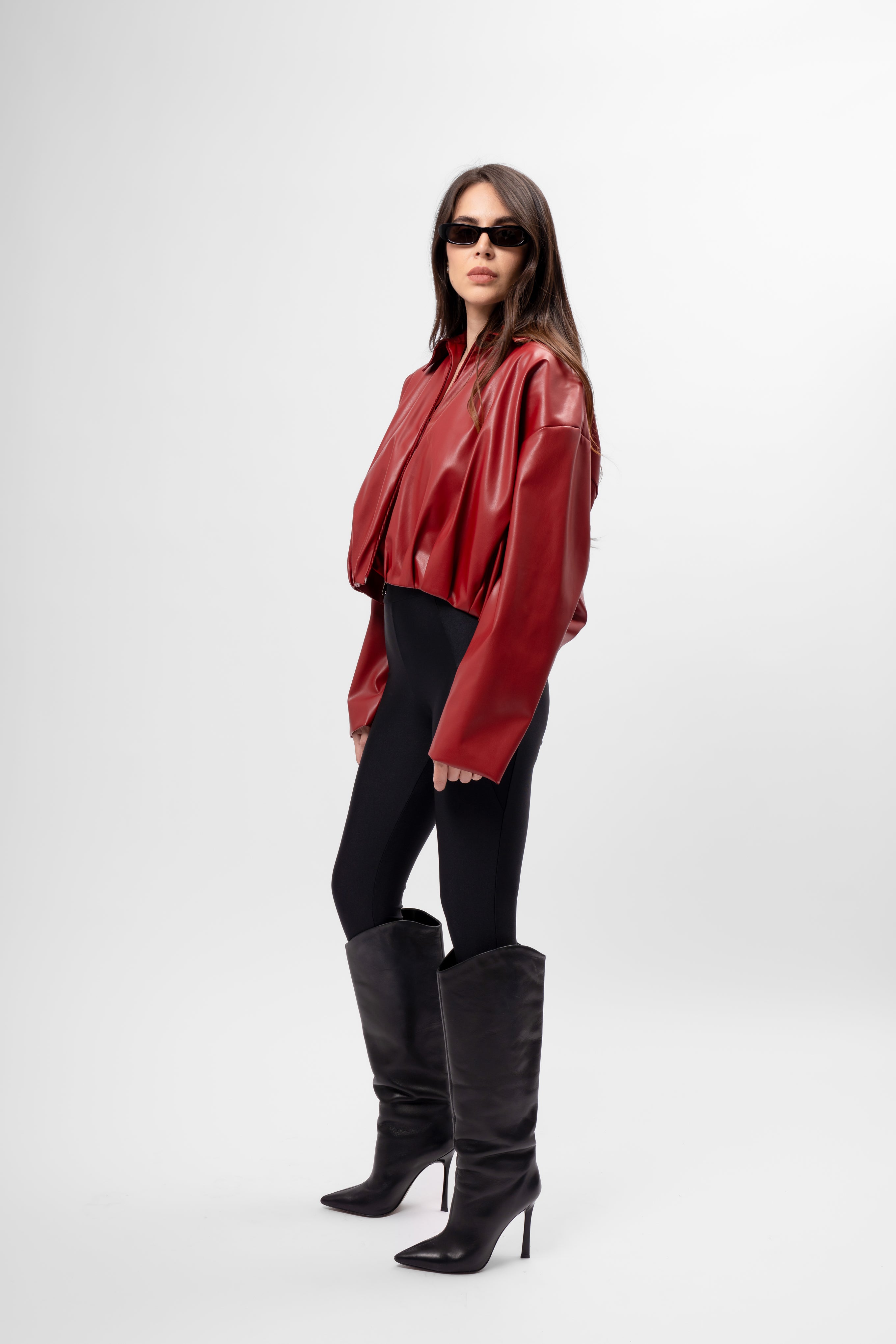 Burgundy Oversized Cropped Jacket with Draping