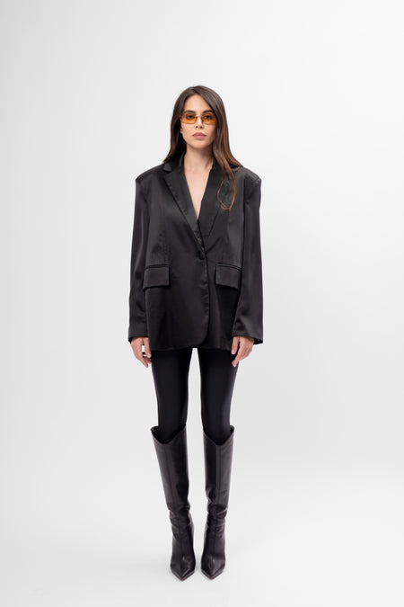 Sacou Oversized din Material Satinat Negru