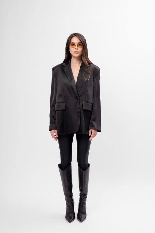Sacou Oversized din Material Satinat Negru