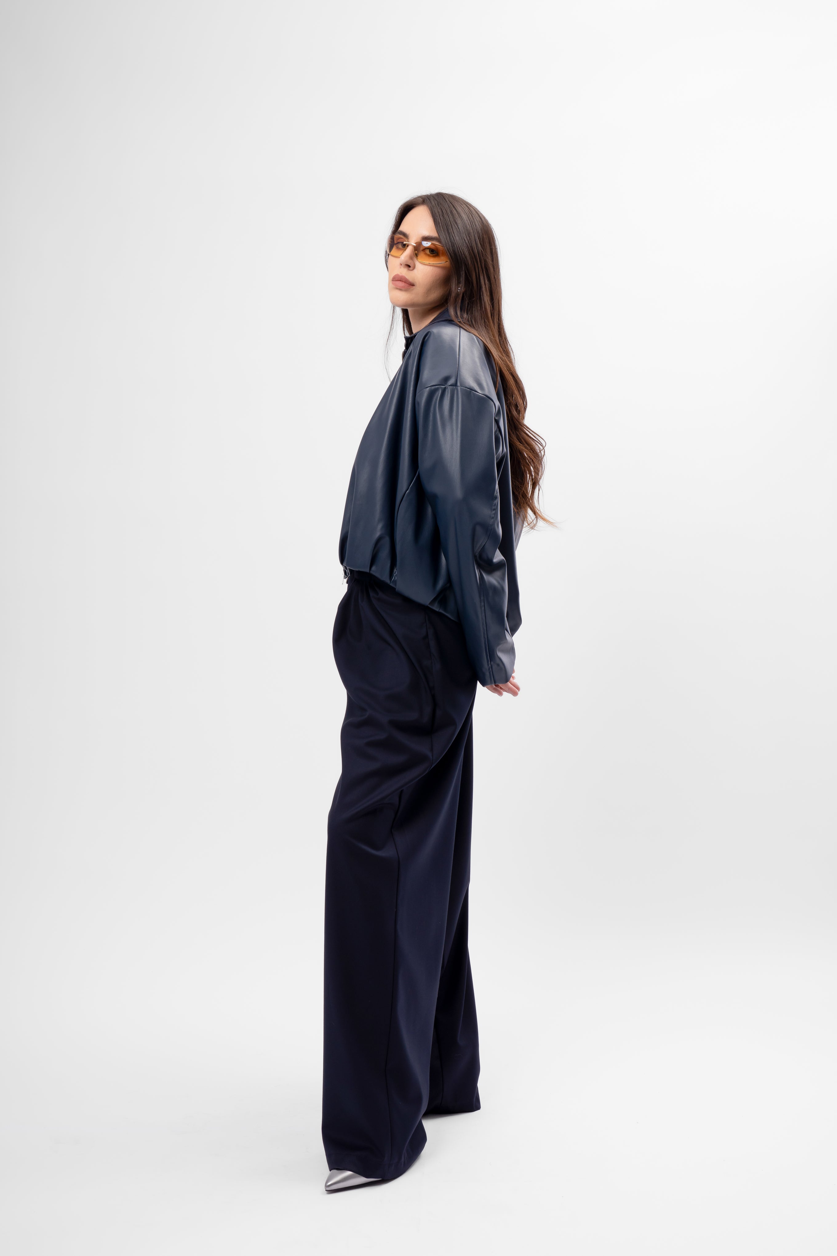 Navy Trousers with Side Draping