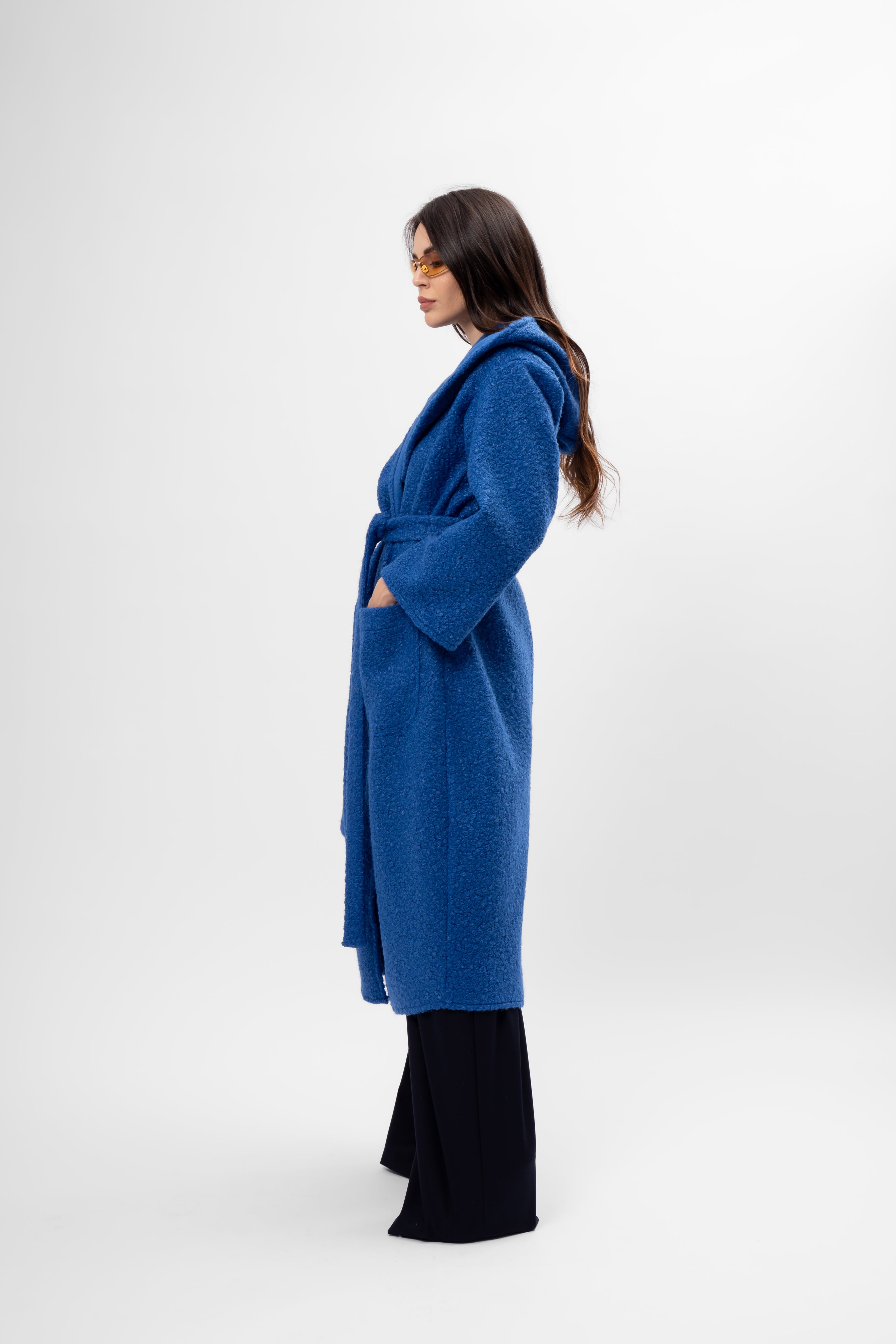 Long Textured Coat with Hood and Belt – Royal Blue