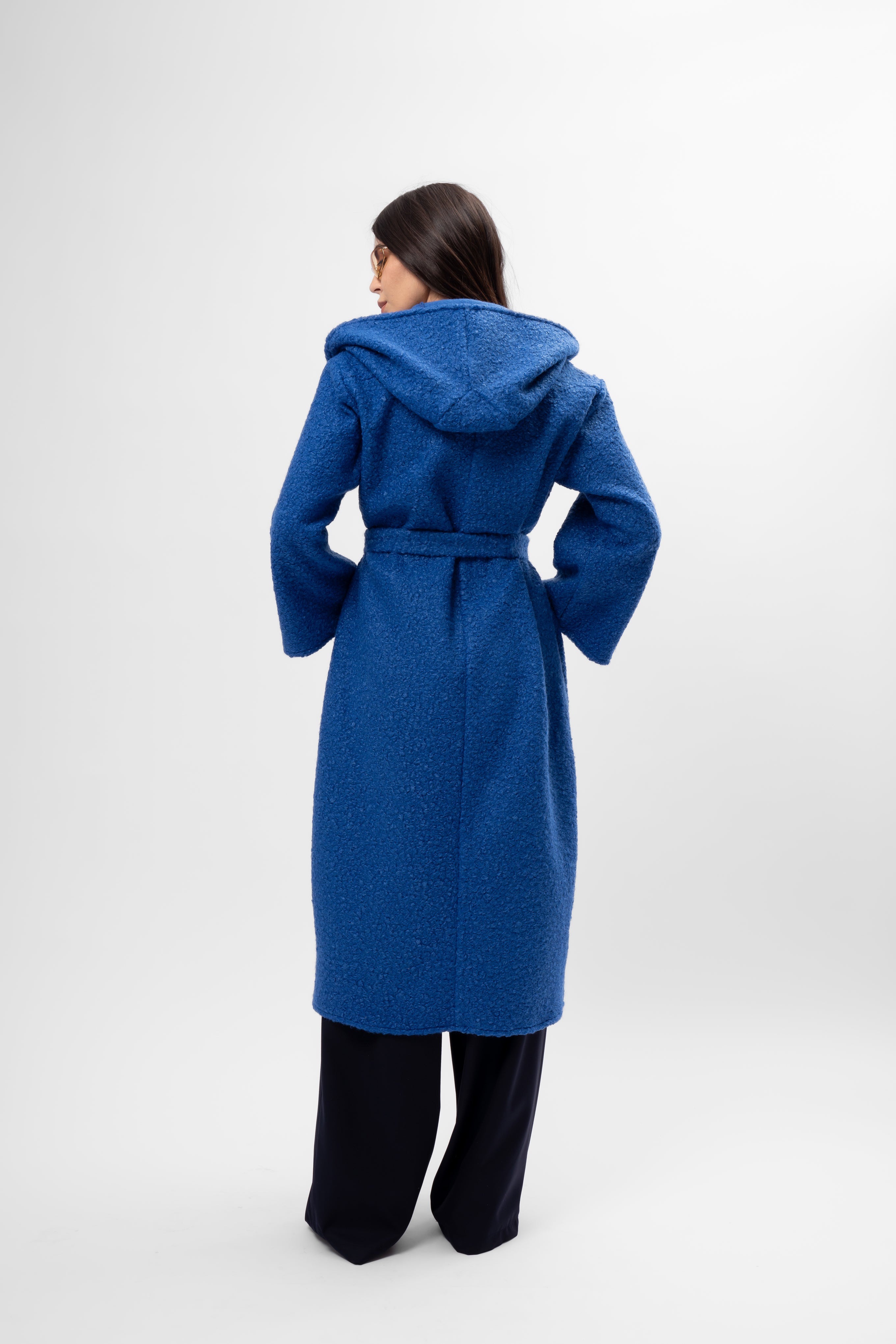 Long Textured Coat with Hood and Belt – Royal Blue