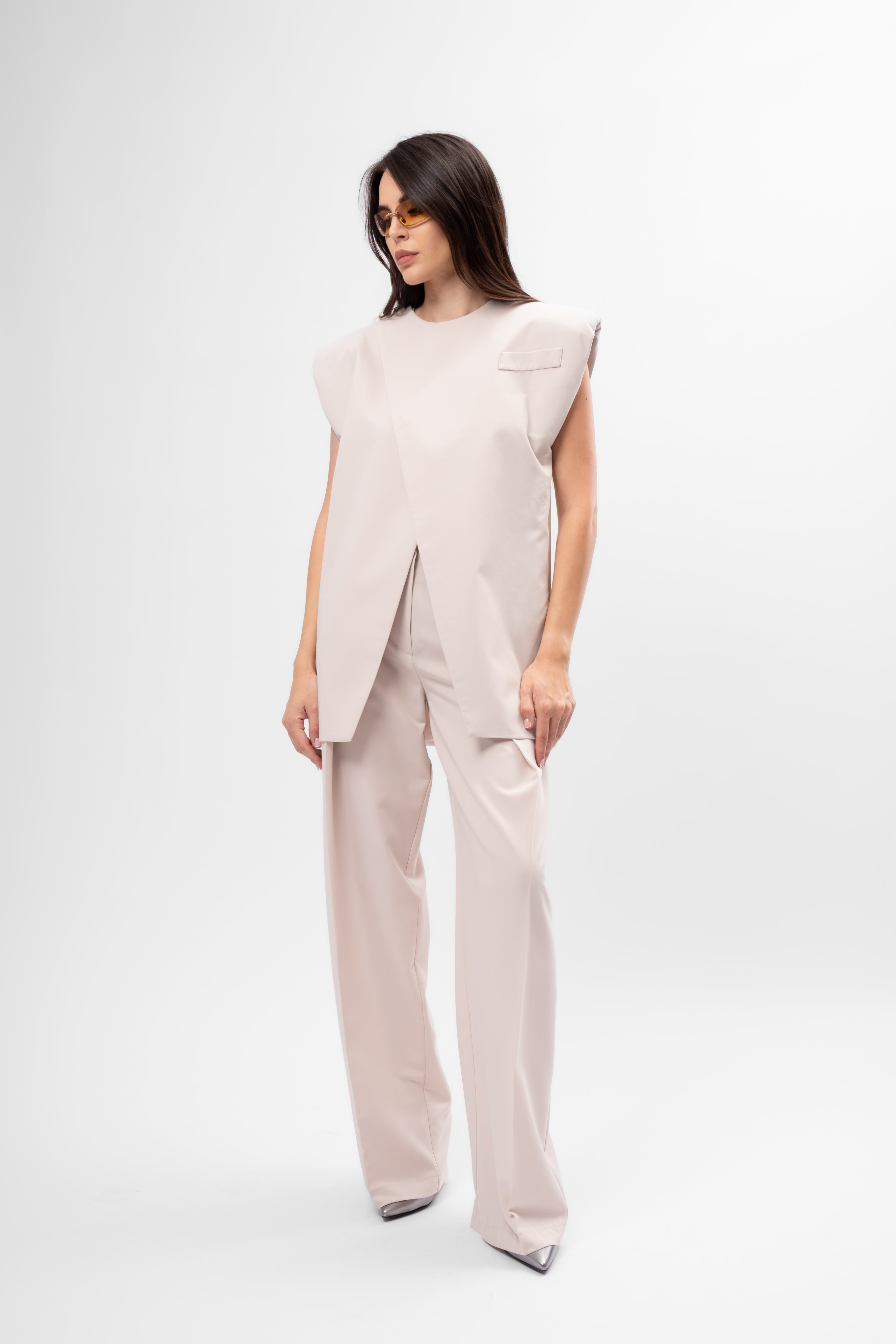 Cream Set with Vest and Pleated Trousers